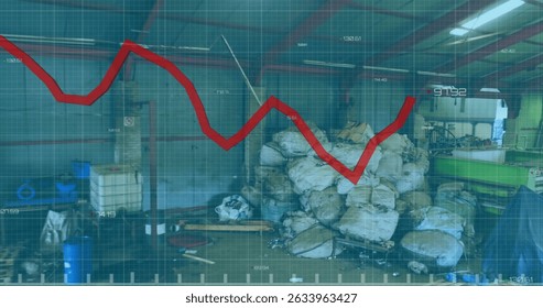 Image of financial data processing over rubbish dump. Global ecology, data processing and digital interface concept digitally generated image.