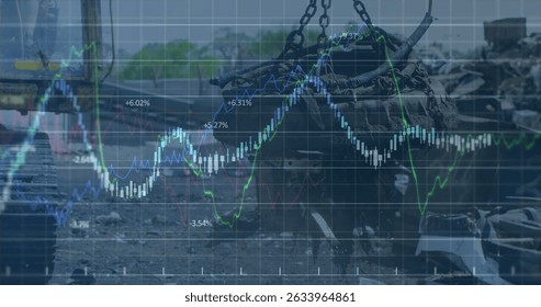 Image of financial data processing over garbage dump. Global business, finances, data processing and digital interface concept digitally generated image.
