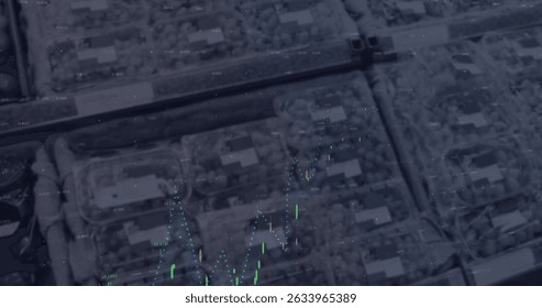 Image of financial data processing over cityscape. Global science, connections, data processing and digital interface concept digitally generated image.