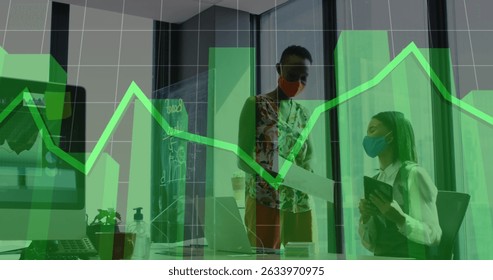 Image of financial data processing over diverse business people wearing face masks. Global business, finances and digital interface during covid 19 pandemic concept digitally generated image.