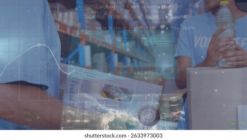 Image of financial data processing over globe and stock market. Global shipping delivery and connections concept digitally generated image.