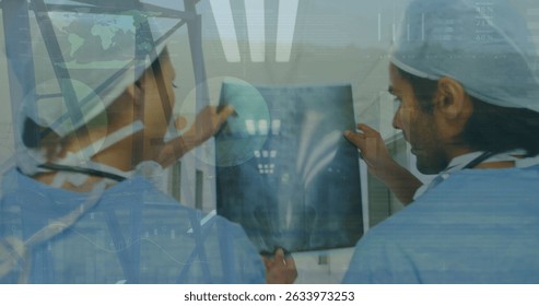 Image of financial data processing over diverse business people using laptop. Global networks connections data processing and digital interface concept digitally generated image.