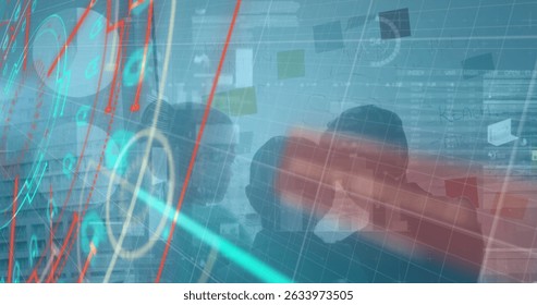 Image of financial data processing over caucasian man stacking tablet. Global business finances and data processing concept digitally generated image.