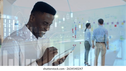 Image of financial data processing over diverse group of business people. Global business, finance and connections concept digitally generated image.