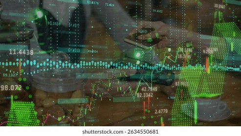 Image of financial data processing over hands of caucasian people using payment terminal. Business, shopping, finance and wireless payments concept digitally generated image.