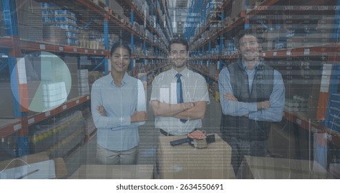 Image of financial data processing over diverse business people in warehouse. Global business and digital interface concept digitally generated image.