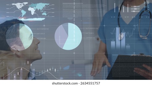 Image of financial data processing over business people walking. Global business connections digital interface and technology concept digitally generated image.