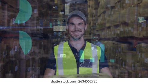Image of financial data processing over caucasian warehouse worker. Global shipping and connections concept digitally generated image.
