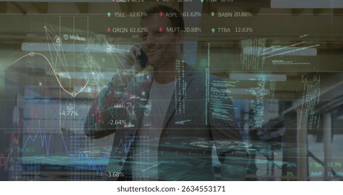 Image of financial data processing over businessmen using smartphone. Global business, finances, data processing and digital interface concept digitally generated image.