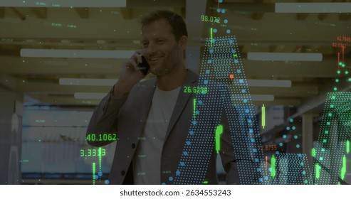 Image of financial data processing over businessmen using smartphone. Global business, finances, data processing and digital interface concept digitally generated image.