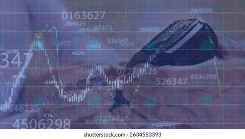 Image of financial data processing over diverse people paying with credit card. Global finances, computing and digital interface concept digitally generated image.
