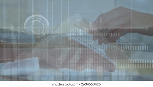 Image of financial data processing over people using payment terminal. Global business, finances, data processing and digital interface concept digitally generated image.