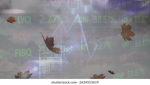 Image of financial data processing over electric cloudy sky. Electricity, energy and power distribution digitally generated image.