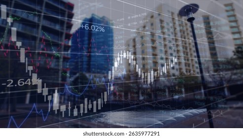 Image of financial data processing over cityscape. Global science, connections, data processing and digital interface concept digitally generated image.