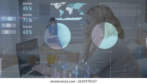 Image of financial data processing over businesswomen using smartphone. Global business, finances, data processing and digital interface concept digitally generated image.