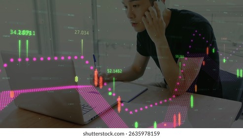 Image of financial data processing over businessmen using smartphone. Global business, finances, data processing and digital interface concept digitally generated image.