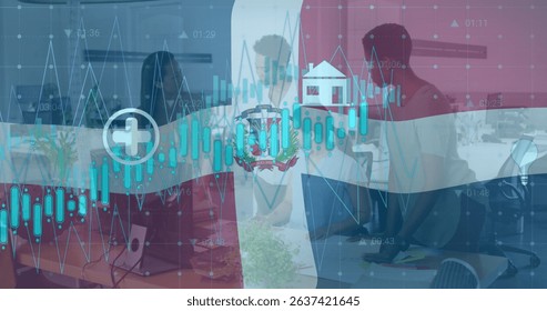 Image of financial data processing over business people in office. Global business digital data and communication concept digitally generated image.