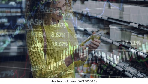 Image of financial data processing over caucasian women shopping. Global shopping, business, finances, data processing and digital interface concept digitally generated image.