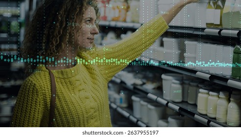 Image of financial data processing over caucasian women shopping. Global shopping, business, finances, data processing and digital interface concept digitally generated image.