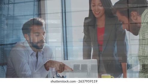 Image of financial data processing over business people in office. Global business connections digital interface and technology concept digitally generated image.