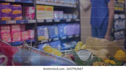 Image of financial data processing over diverse man working in warehouse. Global business shopping and digital interface concept digitally generated image.