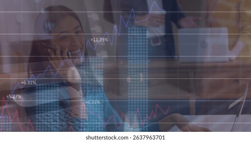 Image of financial data processing over caucasian women using smartphone. Global connections, data processing and digital interface concept digitally generated image.