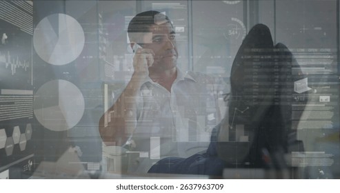 Image of financial data processing over businessman in office. global connections technology and digital interface concept digitally generated image.