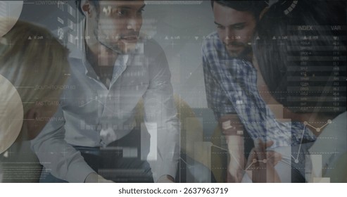 Image of financial data processing over diverse group of business people. Global connections, data processing and digital interface concept digitally generated image.