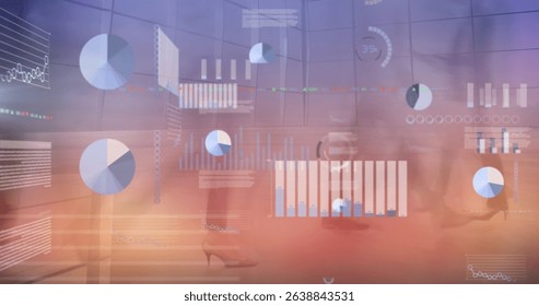 Image of financial data processing over diverse people walking on street. Global business, computing and digital interface concept digitally generated image.