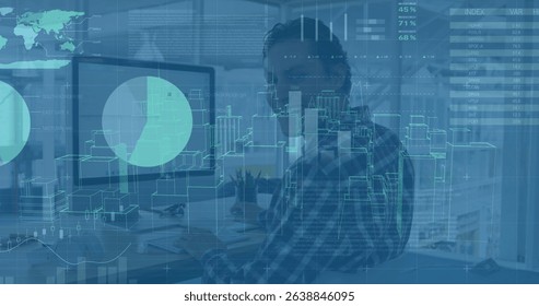Image of financial data processing over diverse business people. Global business digital interface technology and networking concept digitally generated image.