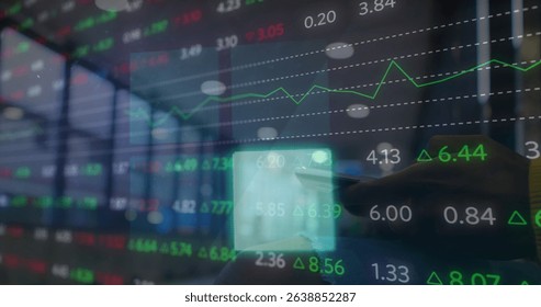 Image of financial data processing over flickering blue squares caucasian woman using smartphone. Global business, data processing and digital interface concept digitally generated image.