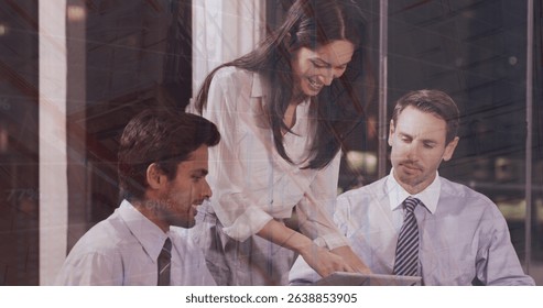 Image of financial data processing over diverse business people. Global business, finance, computing, digital interface and data processing concept digitally generated image.