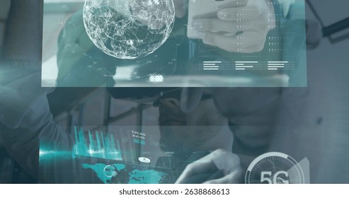 Image of financial data processing over globe. Global communication and data security concept digitally generated image.