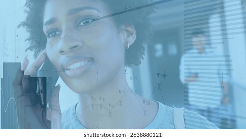 Image of financial data processing over african american woman using smartphone. Global business, communication, digital interface and data processing concept digitally generated image. - Powered by Shutterstock - Get 15% off with code: PIKWIZARD15