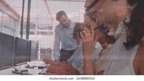 Image of financial data processing over diverse business people using phone headsets. Global business, computing and digital interface concept digitally generated image.