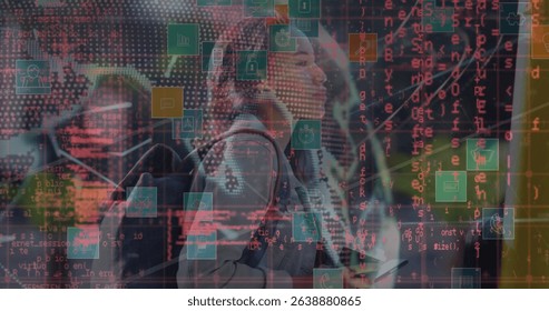 Image of financial data processing over business people using phone headsets. Global digital interface technology and networking concept digitally generated image.