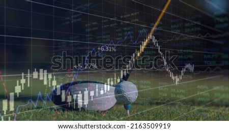 Image of financial data processing over man playing golf, placing golf ball before striking in the background. Global finance business interface concept digitally generated image.