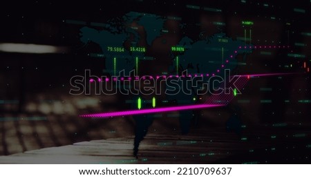Image of financial data processing over world map against low section of people walking. Global finance and business technology concept