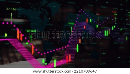Image of financial data processing over world map against low section of people walking. Global finance and business technology concept