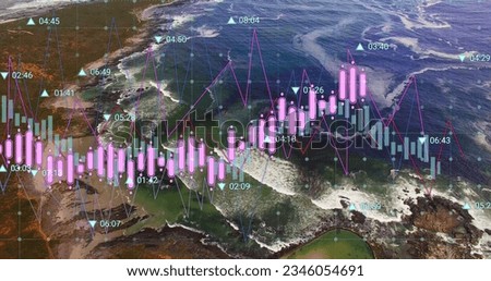 Image of financial data processing over aerial view of sea waves. Global finance and business technology concept
