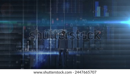 Image of financial data processing over businessman with briefcase. global business and finances and networking concept digitally generated image.