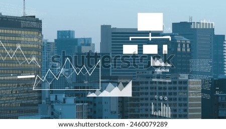 Image of financial data processing over cityscape. Global business, finances, computing and data processing concept digitally generated image.