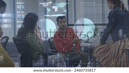 Image of financial data processing over diverse group of business people. Global business, finances, data processing and digital interface concept digitally generated image.