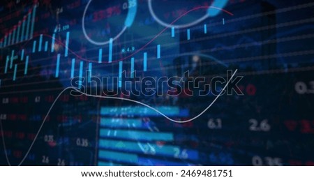 Image of financial data processing over cityscape. global fiances, connections, data processing and digital interface concept digitally generated image.