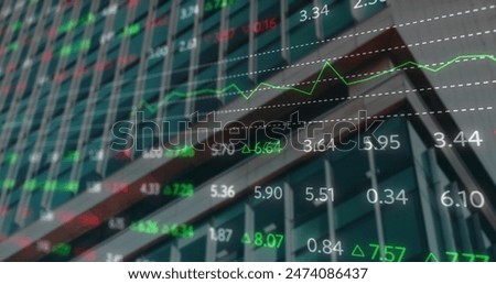 Image of financial data processing over modern office building. Global business, finance, computing and data processing concept digitally generated image.