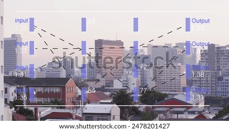 Image of financial data processing over citycape. Global business, finances, computing and data processing concept digitally generated image.