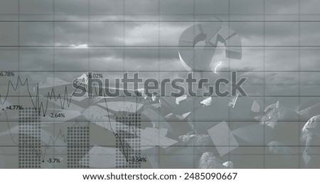 Image of financial data processing over american dollar sign crumbling. Global business, finances, computing and data processing concept digitally generated image.