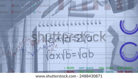 Image of financial data processing over mathematical formulae. Global learning, business, connections, computing and data processing concept digitally generated image.