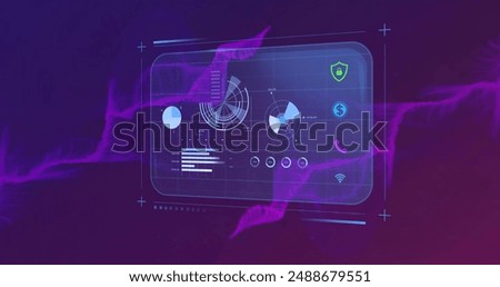 Image of financial data processing over purple shapes on black background. Finances, business, computing and digital interface concept digitally generated image.