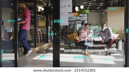 Image of financial data processing over diverse business people in office. Global finance, business, connections, computing and data processing concept digitally generated image.